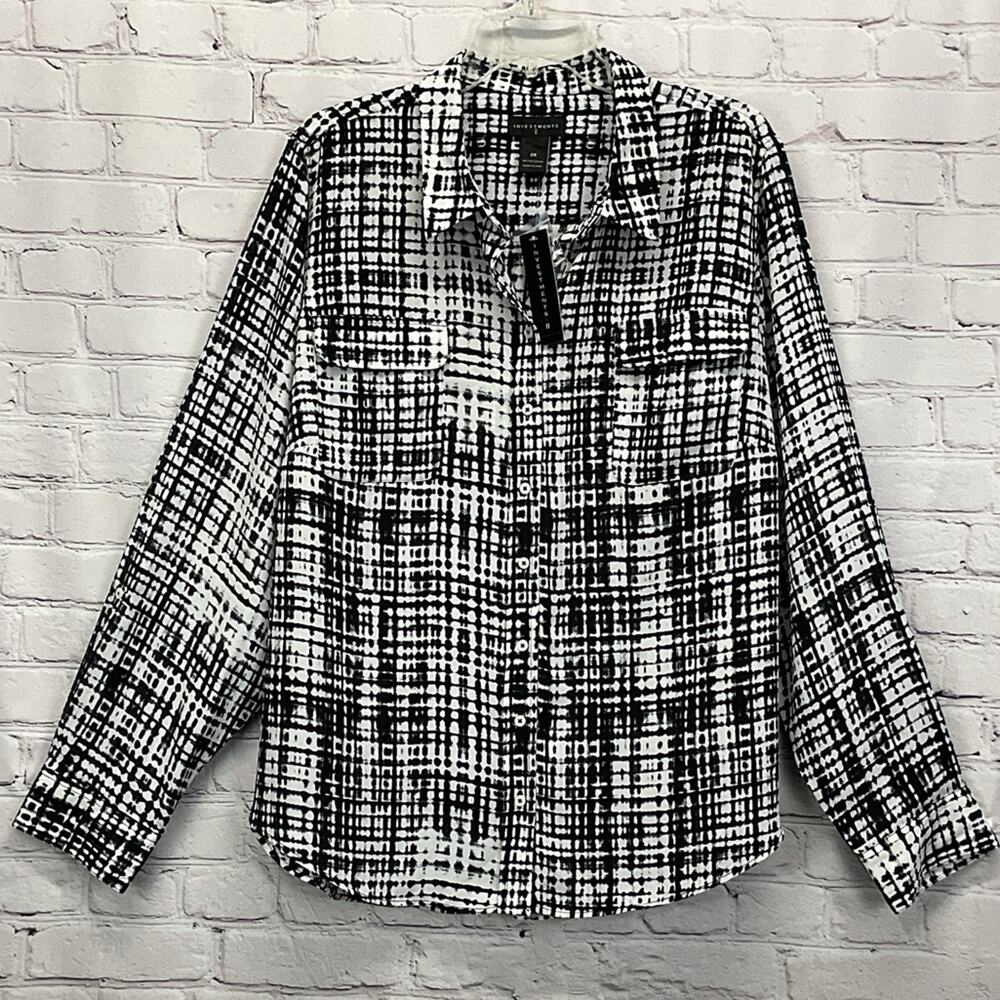 Investments Blouse Womens Size 2x Black White Abstract Button Up Business Casual